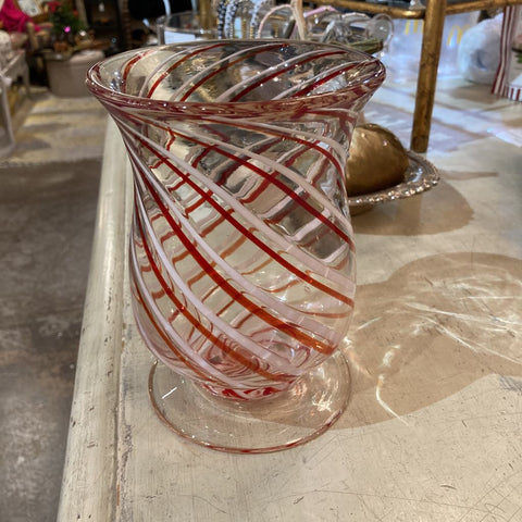 Handblown Candy Cane red & white glass vase (7"H, 5"W)