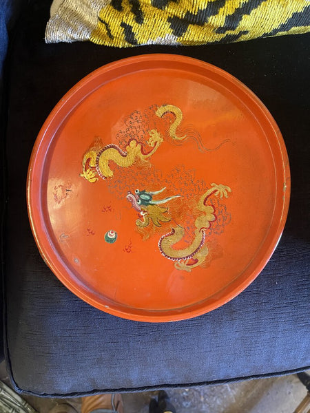 Red lacquer dragon gray 8in diameter