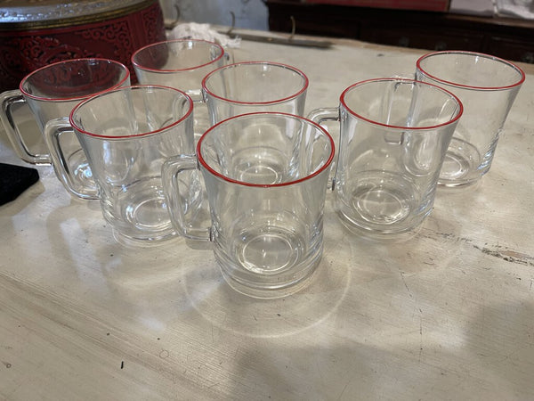 Set of 7 French Glass Coffee Mugs with Red Edge