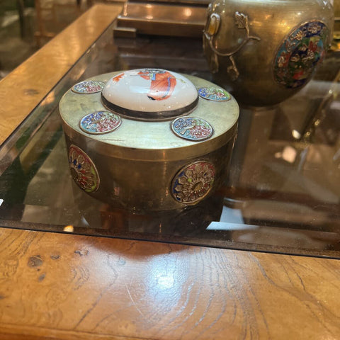 Brass round box with ceramic inset on lid