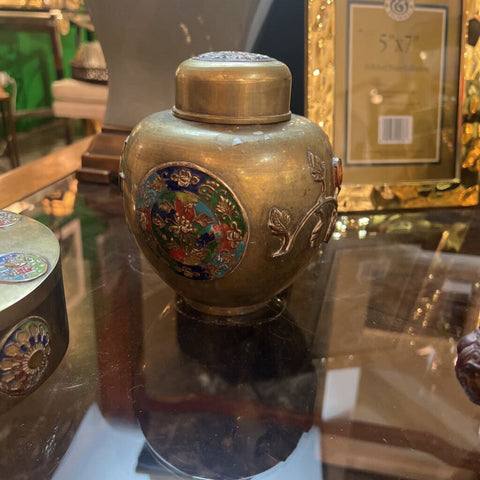 Brass lidded jar with jade insets and enamel painting