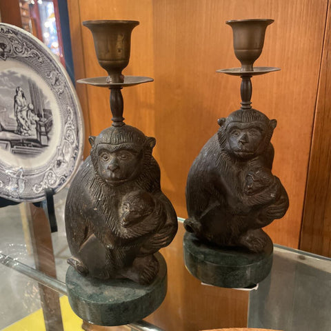 PAIR OF BRONZE MONKEY CANDLE HOLDERS ON MARBLE BASE