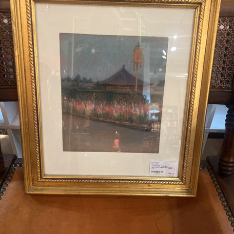 Original pastel in gold frame pagoda and flowers. 15 x 17