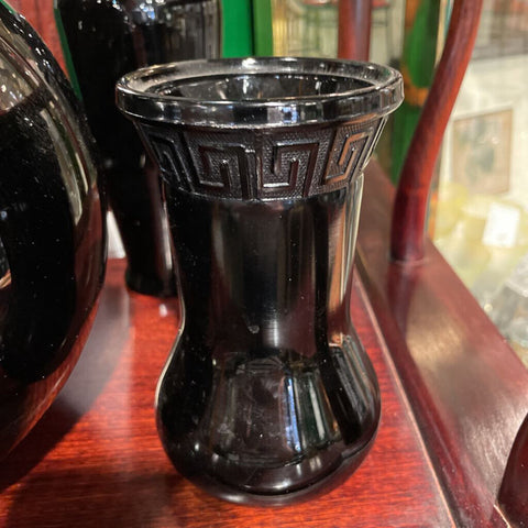 Black glass vase with Greek key