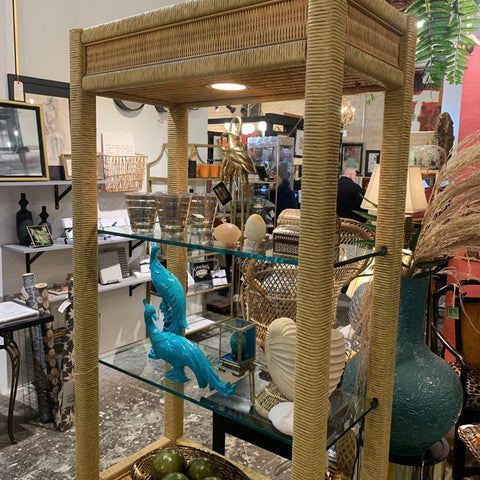 Vintage Wrapped Rattan Light Up Etagere with glass shelves ...in store pick up only 76 tall 30 wide 16 deep