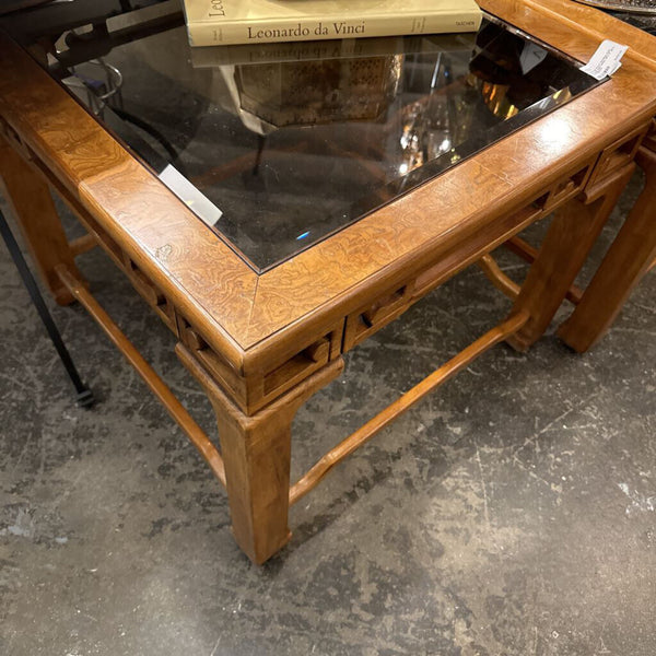 Chinoiserie chow leg Ming style burl wood side tableL 28 x D 28 x H 22.25. EACH (in store pickup only)