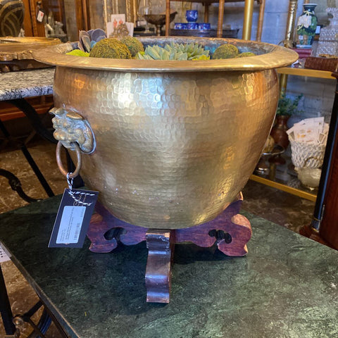 Antique Brass Hammered Foo Dog Handled Planter on base
