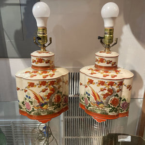 VINTAGE ETHAN ALLEN ASIAN HAND PAINTED PORCELAIN GOLD LEAF TABLE LAMP JAPAN PAIR - FIRM in store pickup only