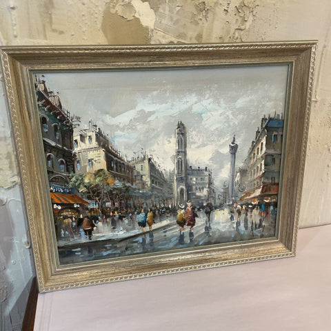 Vintage Oil Painting, French Street Scene by A.Devity (18"hx 23'W)