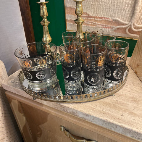 Mid century gold and black ice bucket and 7 highball glasses