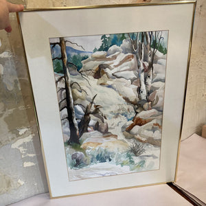 Vintage signed dated watercolor of trees/stream (28" h, 21"W)