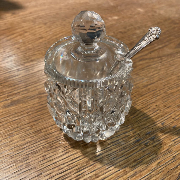 Antique cut crystal condiment jar & sterling spoon (4"H, 2.5" W)