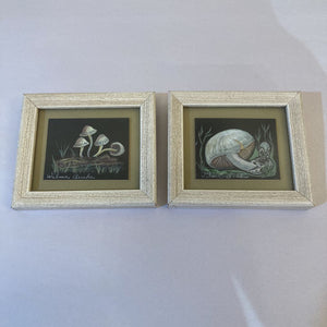 Pair Vintage 70s mini mushroom paintings (ea. 4x4 in)