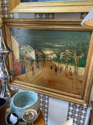 Antique signed original oil French street scene -as found with imperfections
