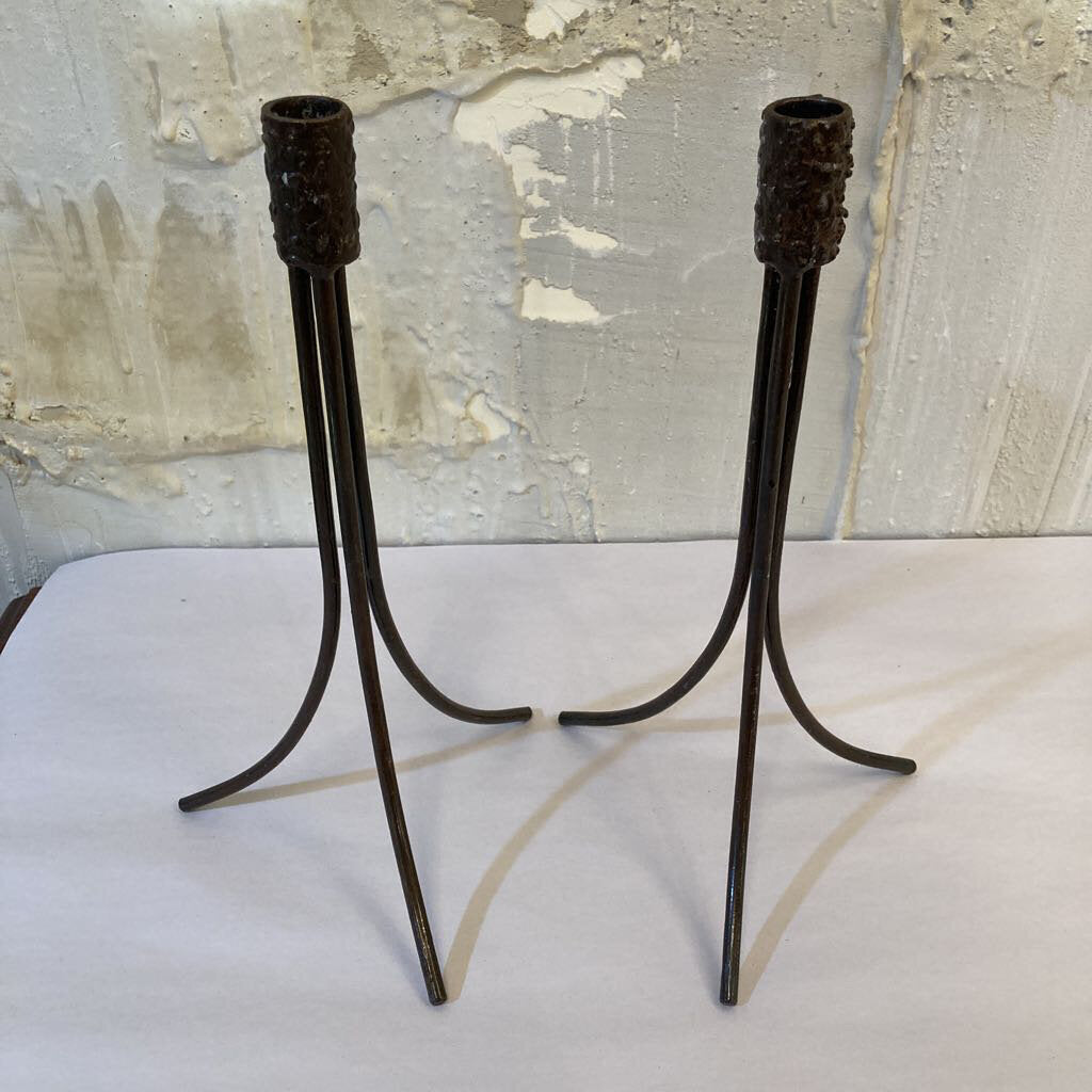 Pair of forged iron Brutalist candlesticks (12" h, 6"w)