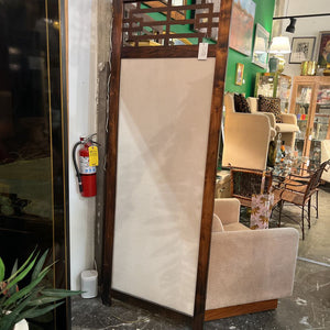 Vintage off white newly upholstered wooden screen with fretted top 60 x 82 x 1 (in store pick up only)