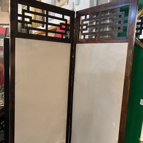 Vintage off white newly upholstered wooden screen with fretted top 60 x 82 x 1 (in store pick up only)