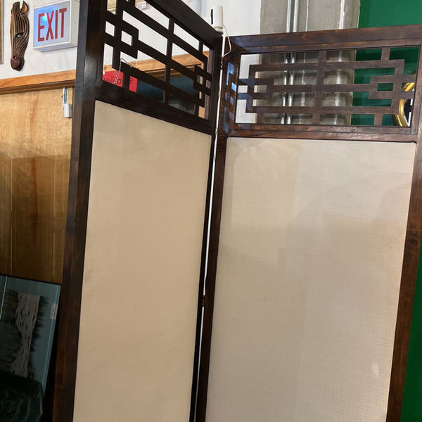 Vintage off white newly upholstered wooden screen with fretted top 60 x 82 x 1 (in store pick up only)