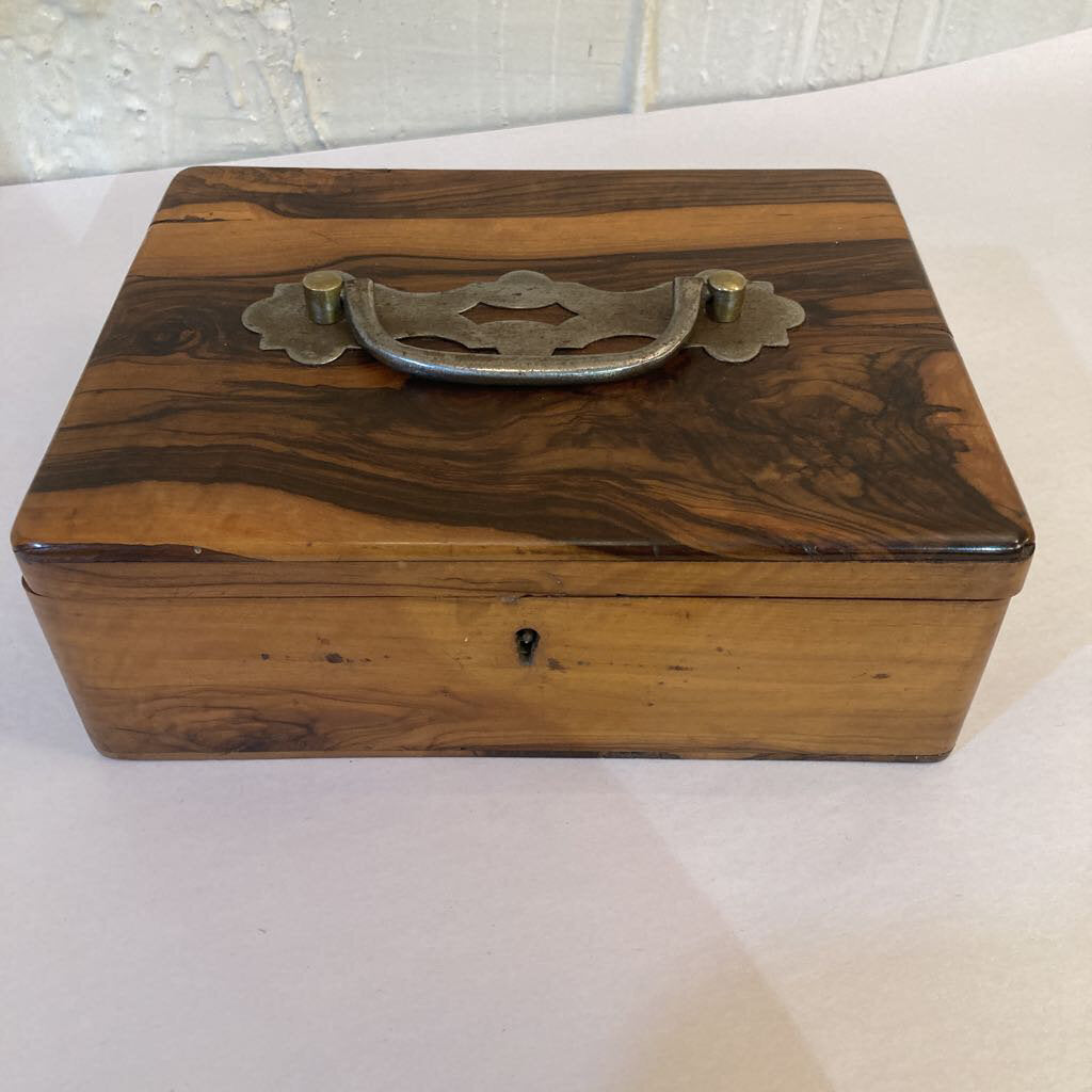 Antique 19th c. English figured wood box, red lining (3"h, 8"w)