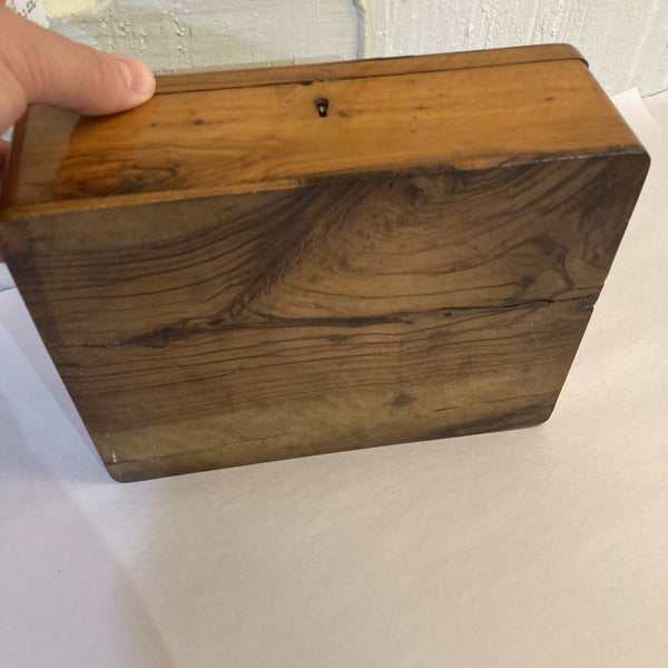 Antique 19th c. English figured wood box, red lining (3"h, 8"w)