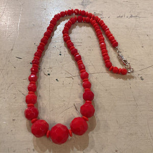 Vintage Czech red faceted glass bead necklace, sterling clasp (20" long)