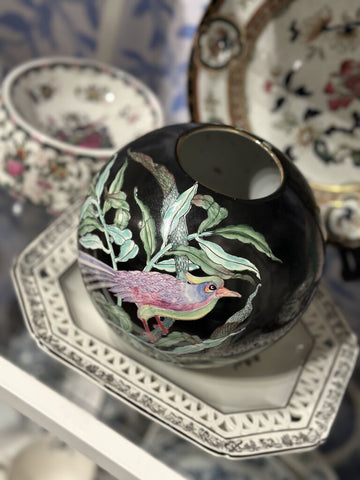 Vintage Round Black Vase, Bird Chinoiser #T001