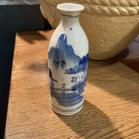 Antique Japanese Blue & White sake bottle (7.5"h, 2.75"e)