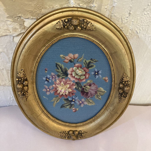 Framed oval needlepoint, 19th century (14"h, 12"w)