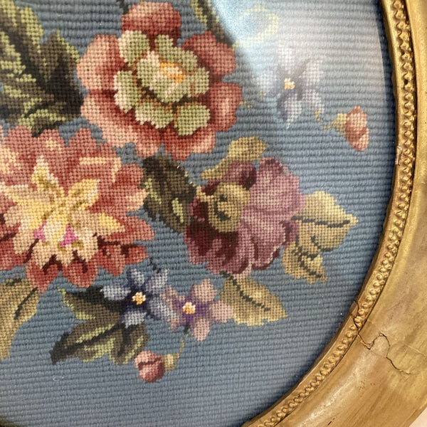 Framed oval needlepoint, 19th century (14"h, 12"w)