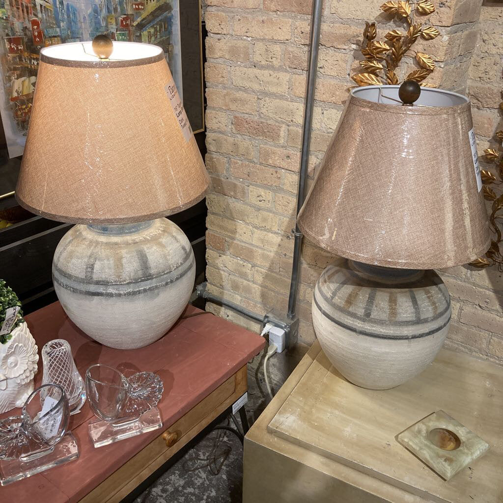 Pair Post Modern Pottery Lamps (20"h, 12"w) (IN STORE PICK UP ONLY)