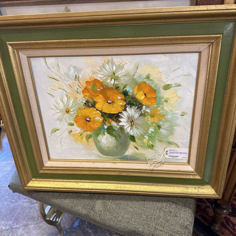 Vintage painting Orange poppies green/gold frame 19x23 as found