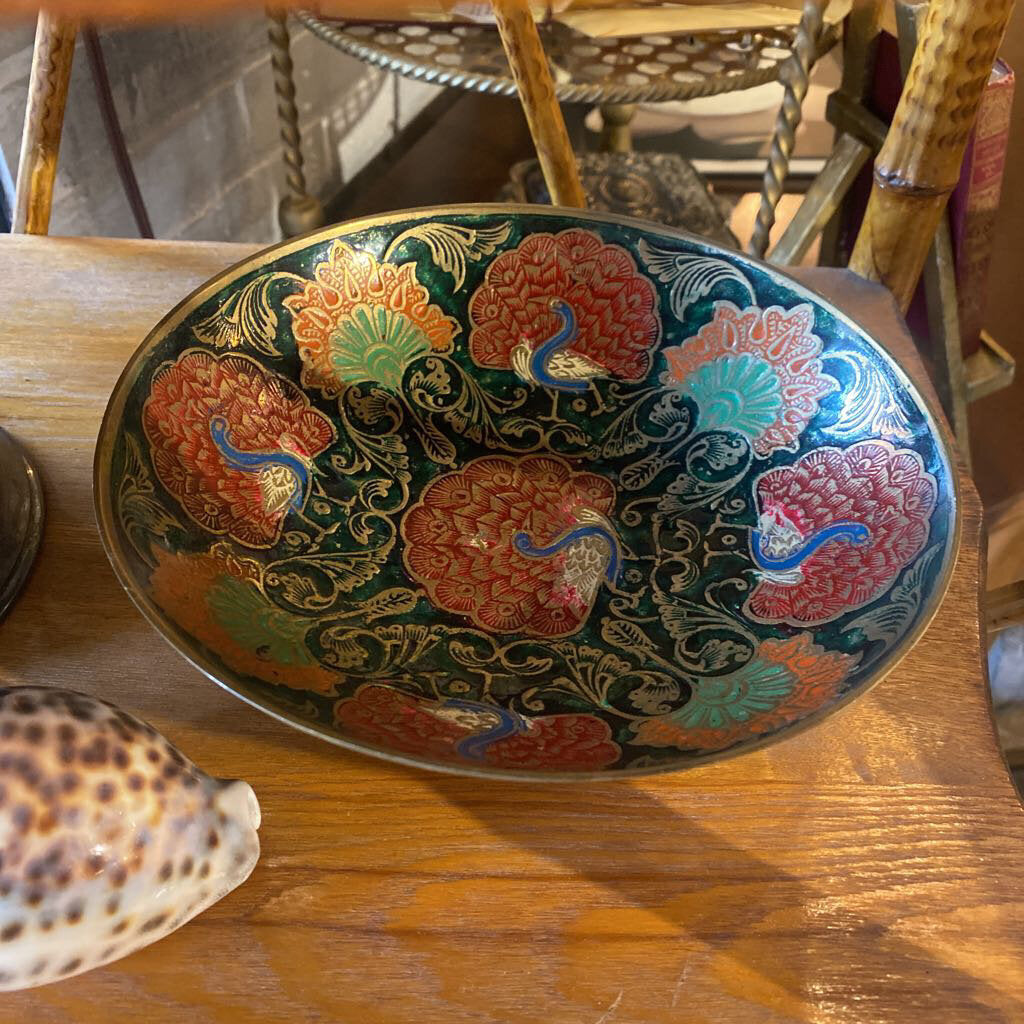 Painted Brass Peacock Bowl as found