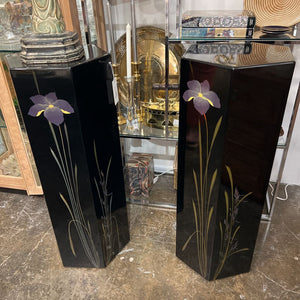 Vintage Black Lacquered hexagon pedestal with floral motif H 36.5 x W 15 x 15 EACH (in store pick up only)