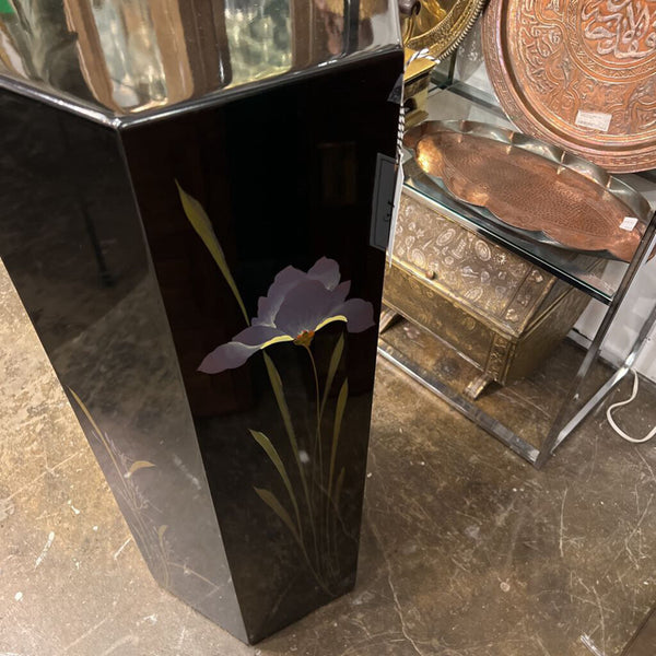 Vintage Black Lacquered hexagon pedestal with floral motif H 36.5 x W 15 x 15 EACH (in store pick up only)