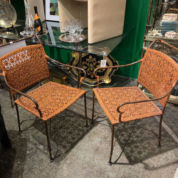 Set of 2 20th Century metal framed hand woven chairs H 34 X W 22 xX D 24 SH 17 (in store pick up only)