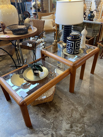 Square postmodern teak and glass side table in manner of Mobler (in store pick up only)