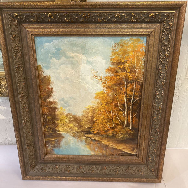 Vintage Oil Painting, woods & stream (19.5" h, 13.5"w)