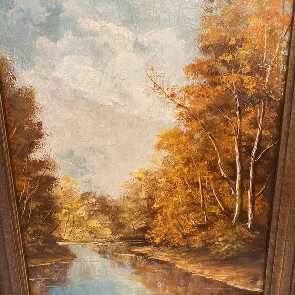 Vintage Oil Painting, woods & stream (19.5" h, 13.5"w)