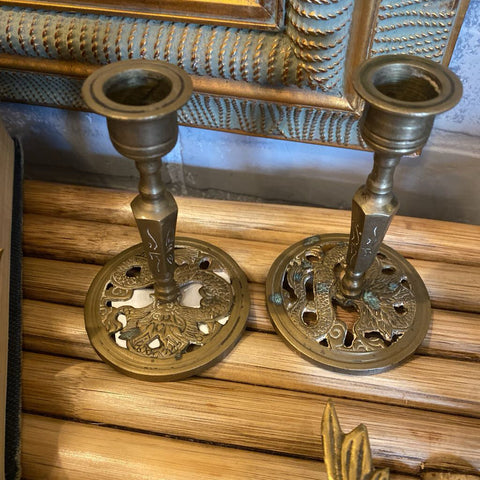 Pair Brass Dragon Candlesticks