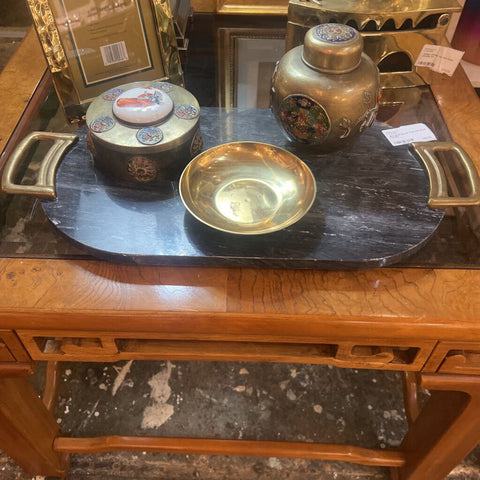 Oval Black Marble Tray with Brass handles