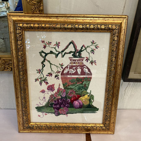 Signed hand stitched still life w/ vase & fruit, framed (20."h, 17" w)