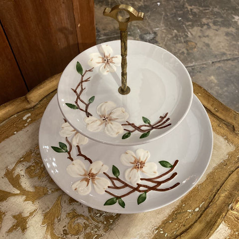 Vintage 2 tier dessert server with flowers (9"h 10.5" d)