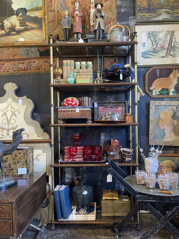 Brass and wood 1970s shelf by Knob Creek 74x36x18 (in store pick up only)