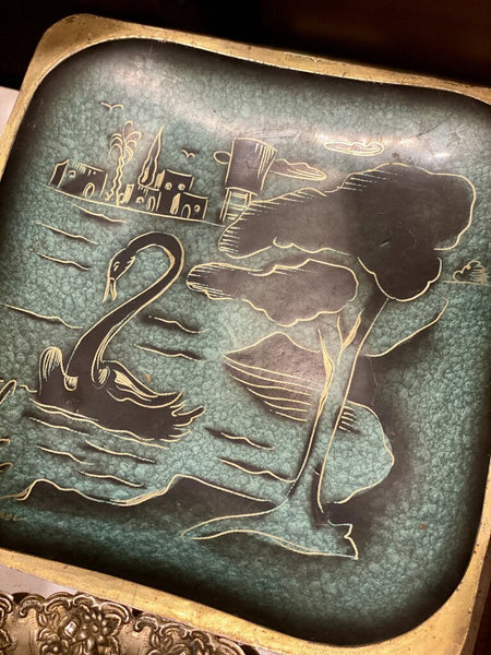 Vintage metal swan scene footed tray