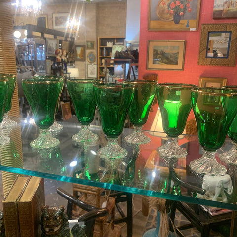 Set of 10 vintage green glass cordials