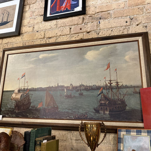 Vintage Print Ships in harbor 24x44