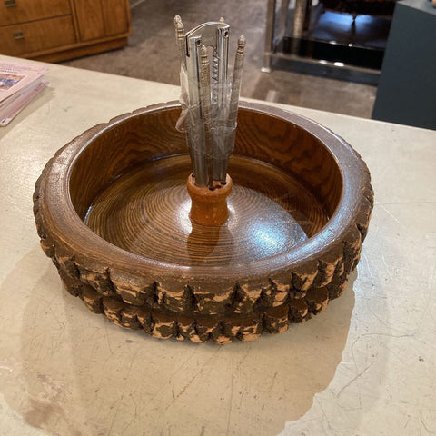 Vintage oak/wood nut bowl with nutcracker & accessories (7"d, 2"d_