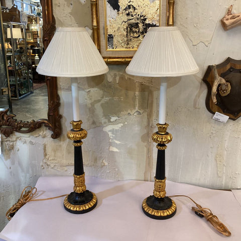 Pair vintage black & gold candlestick lamps with shades (21"H)