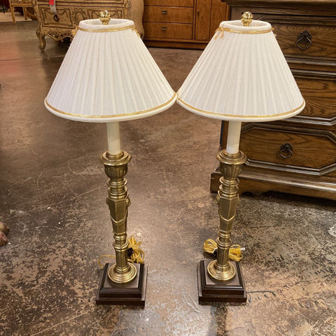 Pair Vintage Frederick Cooper Lion Head slim brass lamps (25"H)