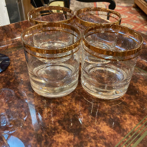 Set of 4 vintage on the rock glasses, gold banding